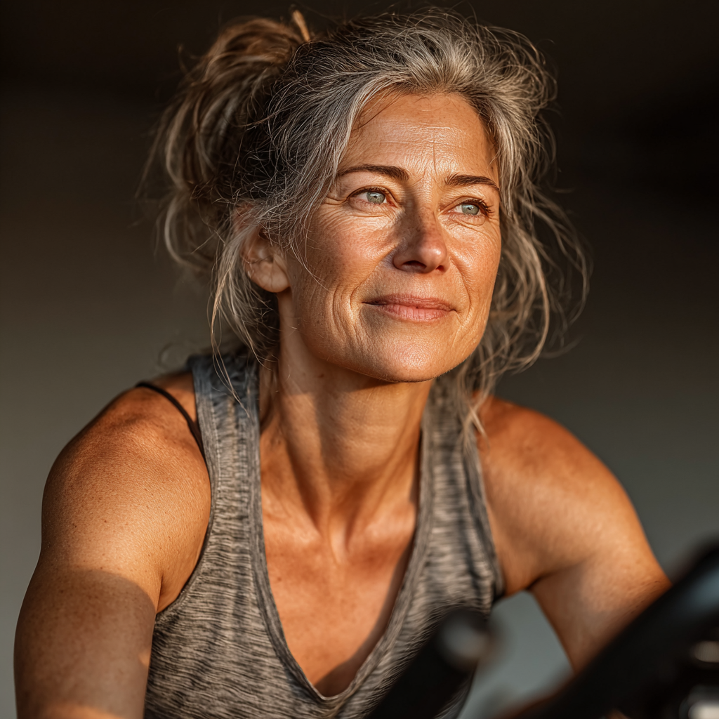 Активні люди середнього віку займаються ранковою гімнастикою на свіжому повітрі